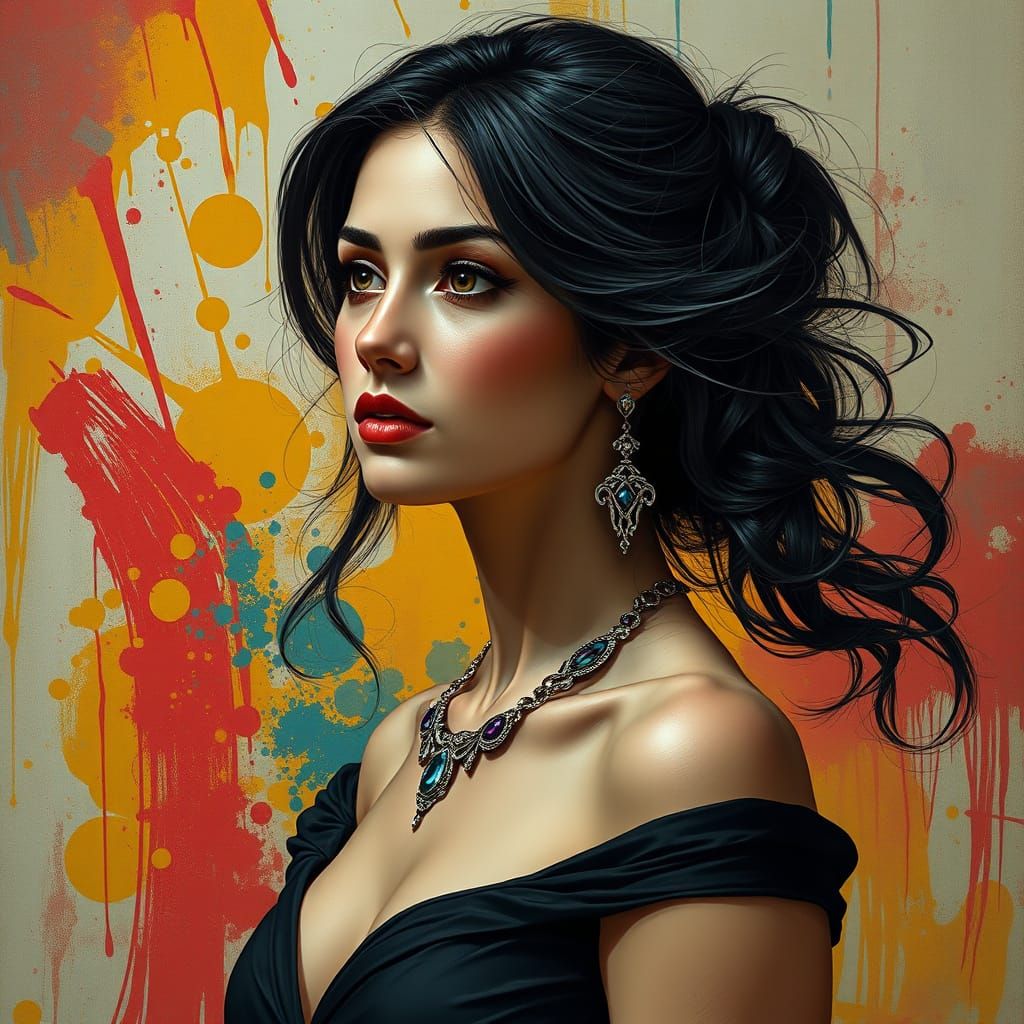 The image portrays a side profile of a woman with dark, flow...