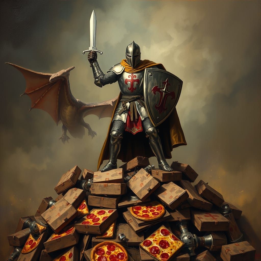 Victorious Knight with Pizza Cutter Sword, Oil Painting