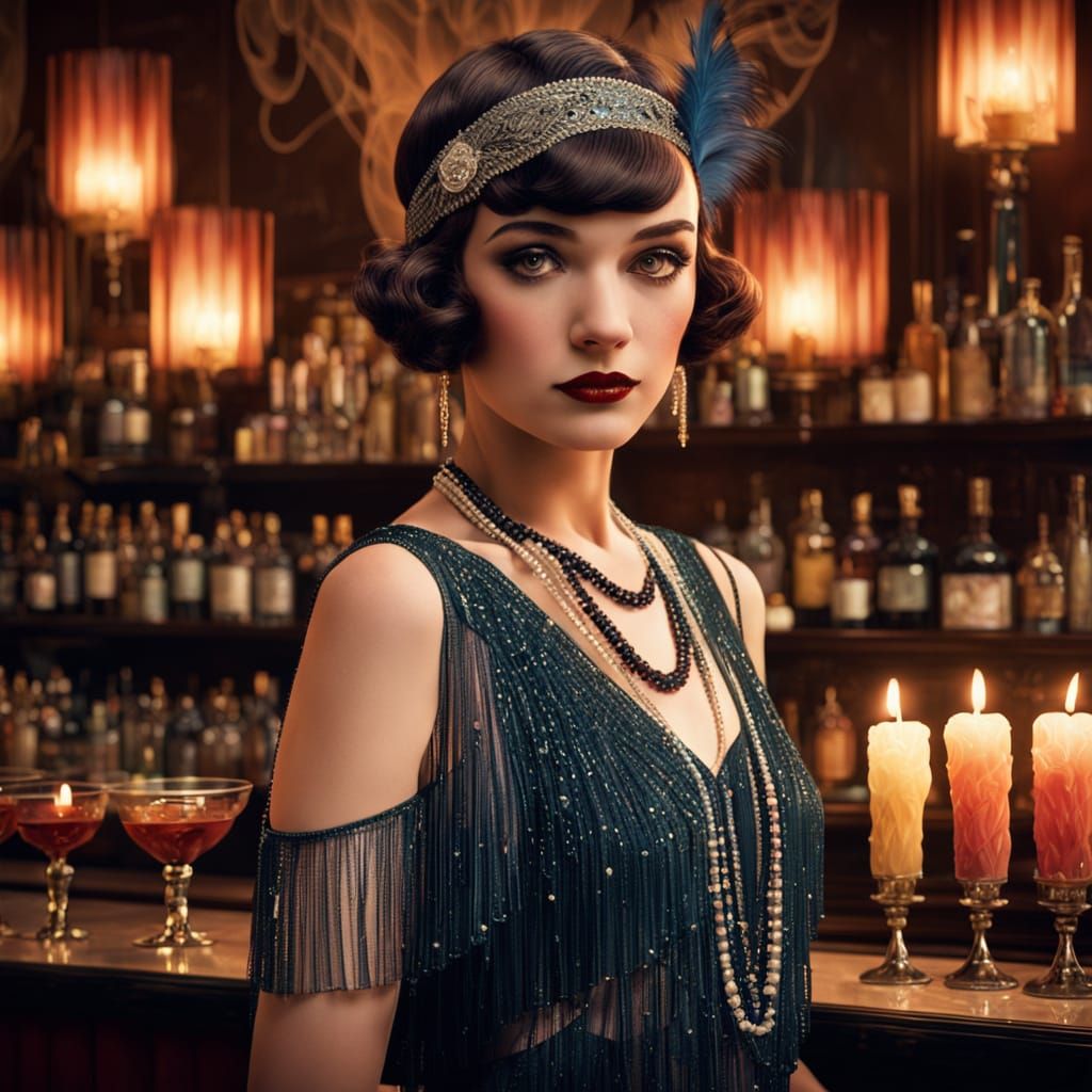 Flapper Girl in Speakeasy, Art Deco Portrait