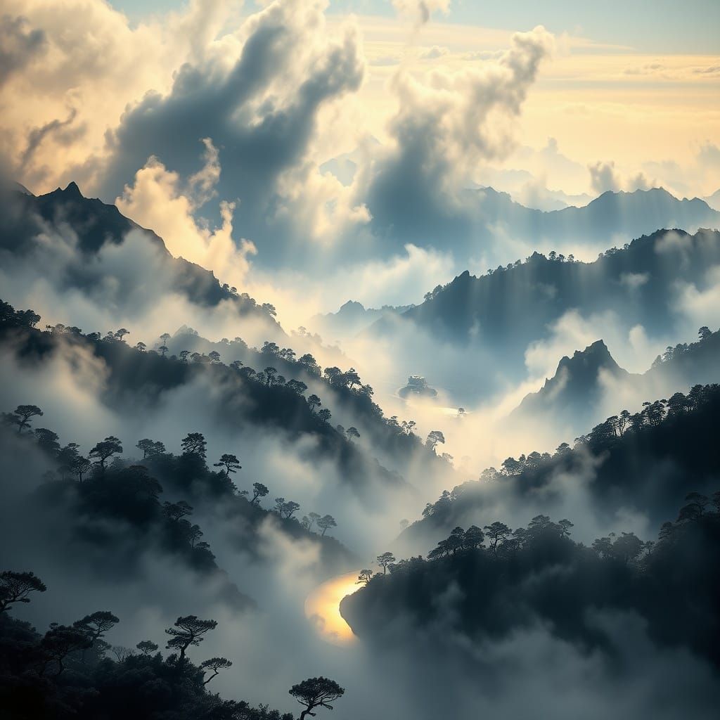 Misty Japanese Mountains with Neon Highlights in 3D