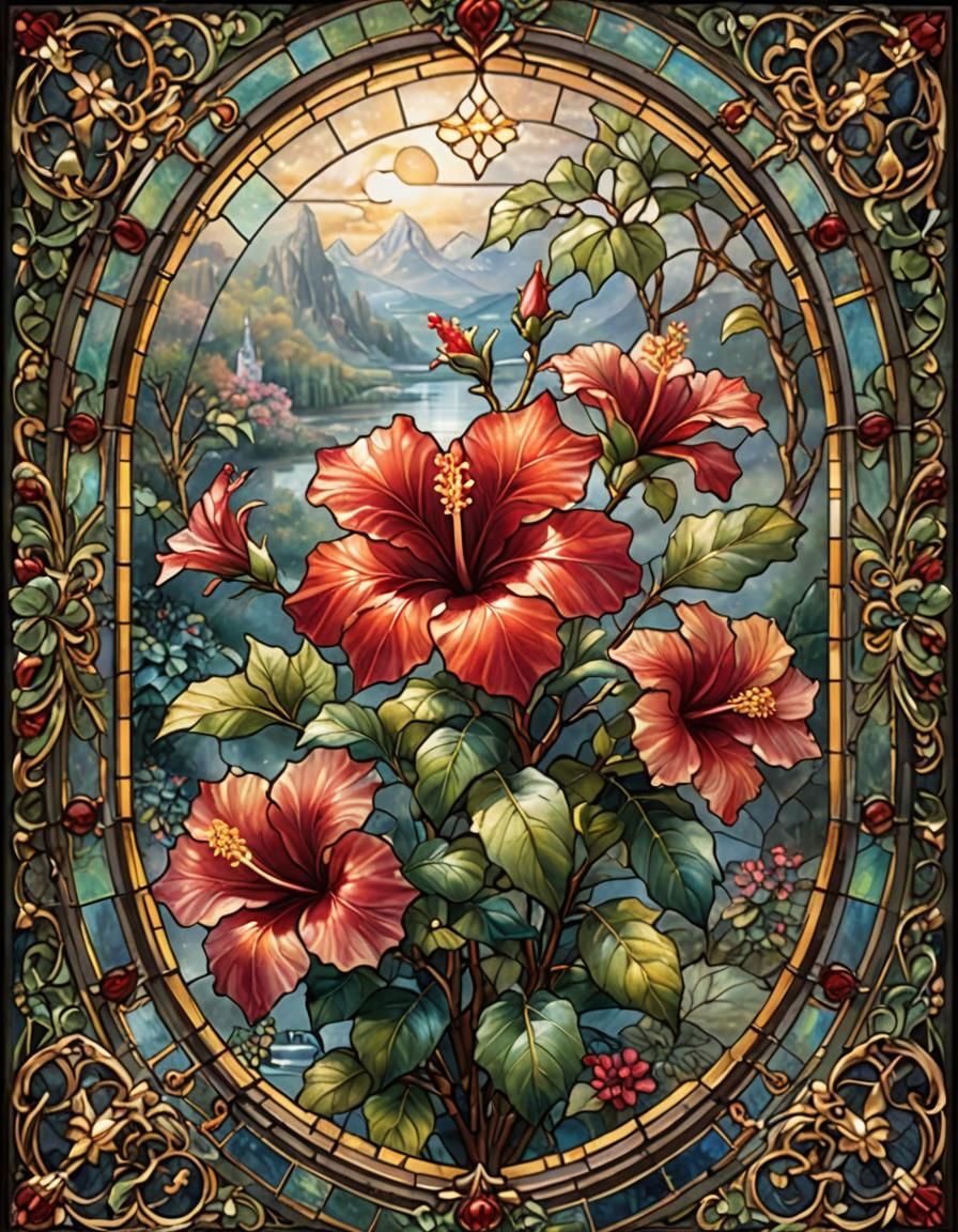 Stained Glass Hibiscus with Ethereal Lighting