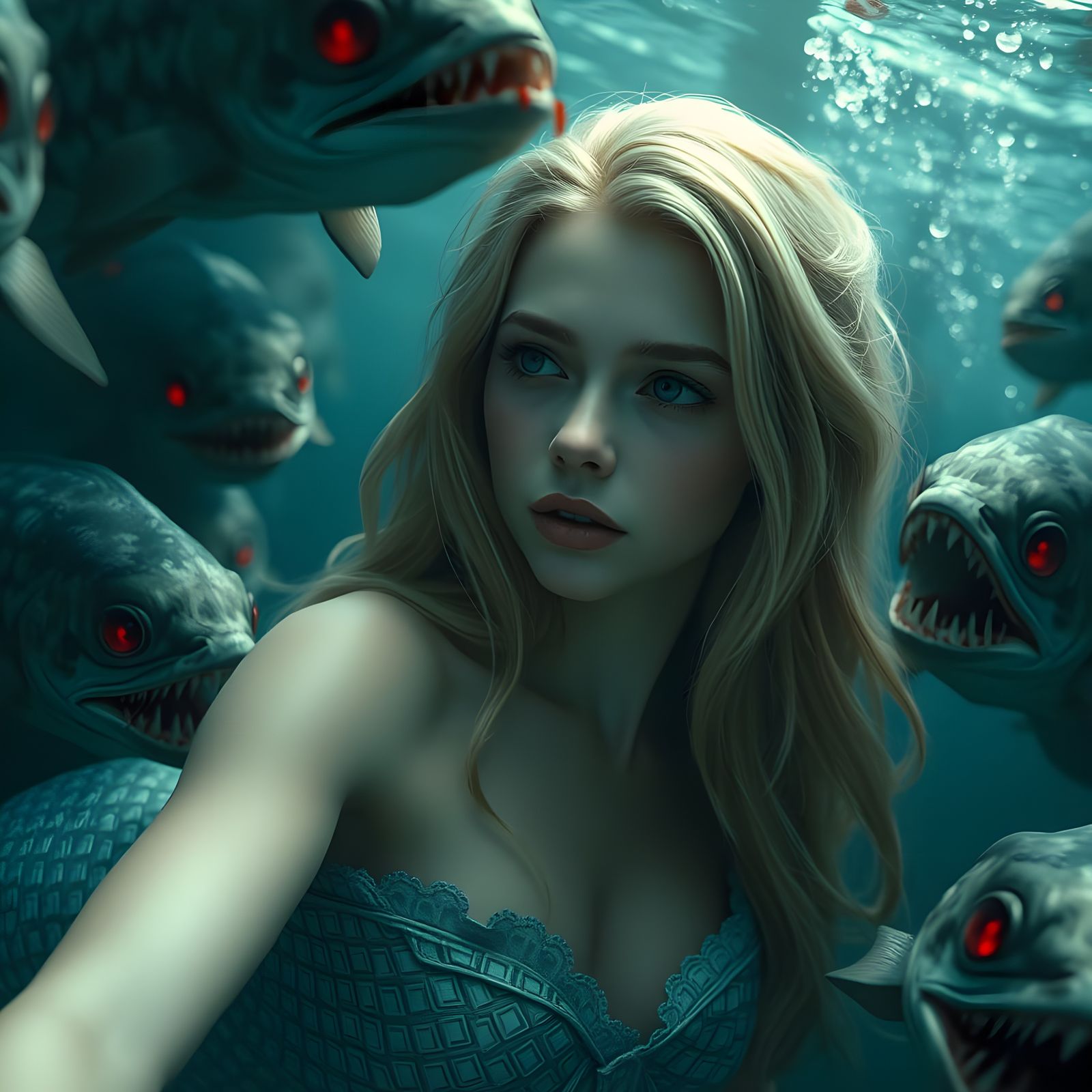 Sinister Fish Surround Delicate Mermaid: 3D Render