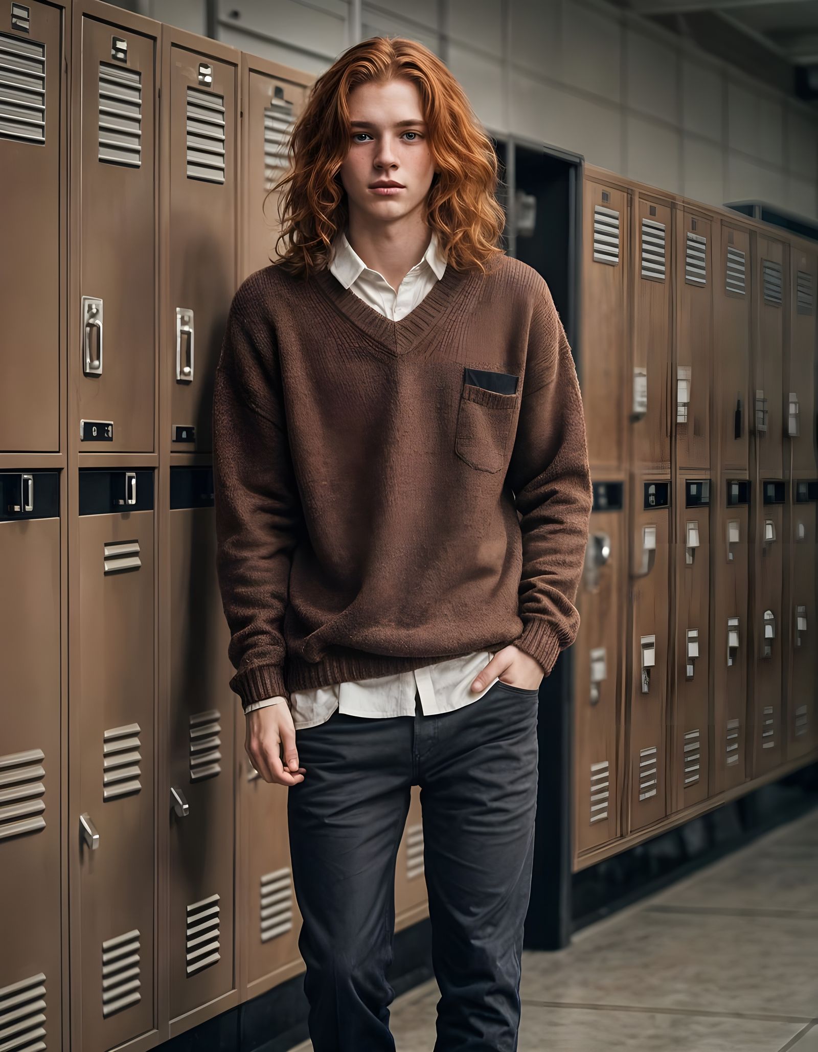 Effeminate Redhead Leaning on Lockers