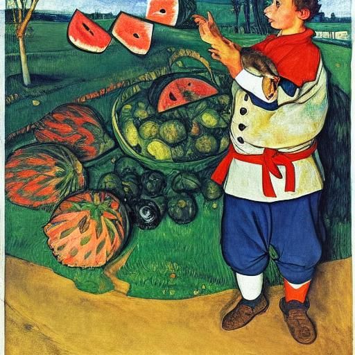 Rabbit's Watermelon Feast: An Early 20th-Century Painting