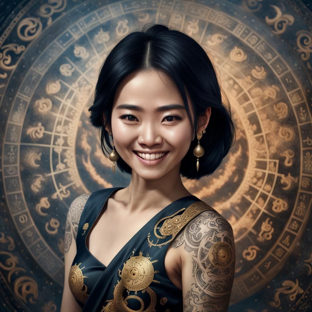 Thai Woman with Zodiac Tattoo as Digital Painting