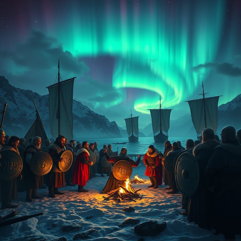Viking Warriors Under Aurora Borealis in Fjord