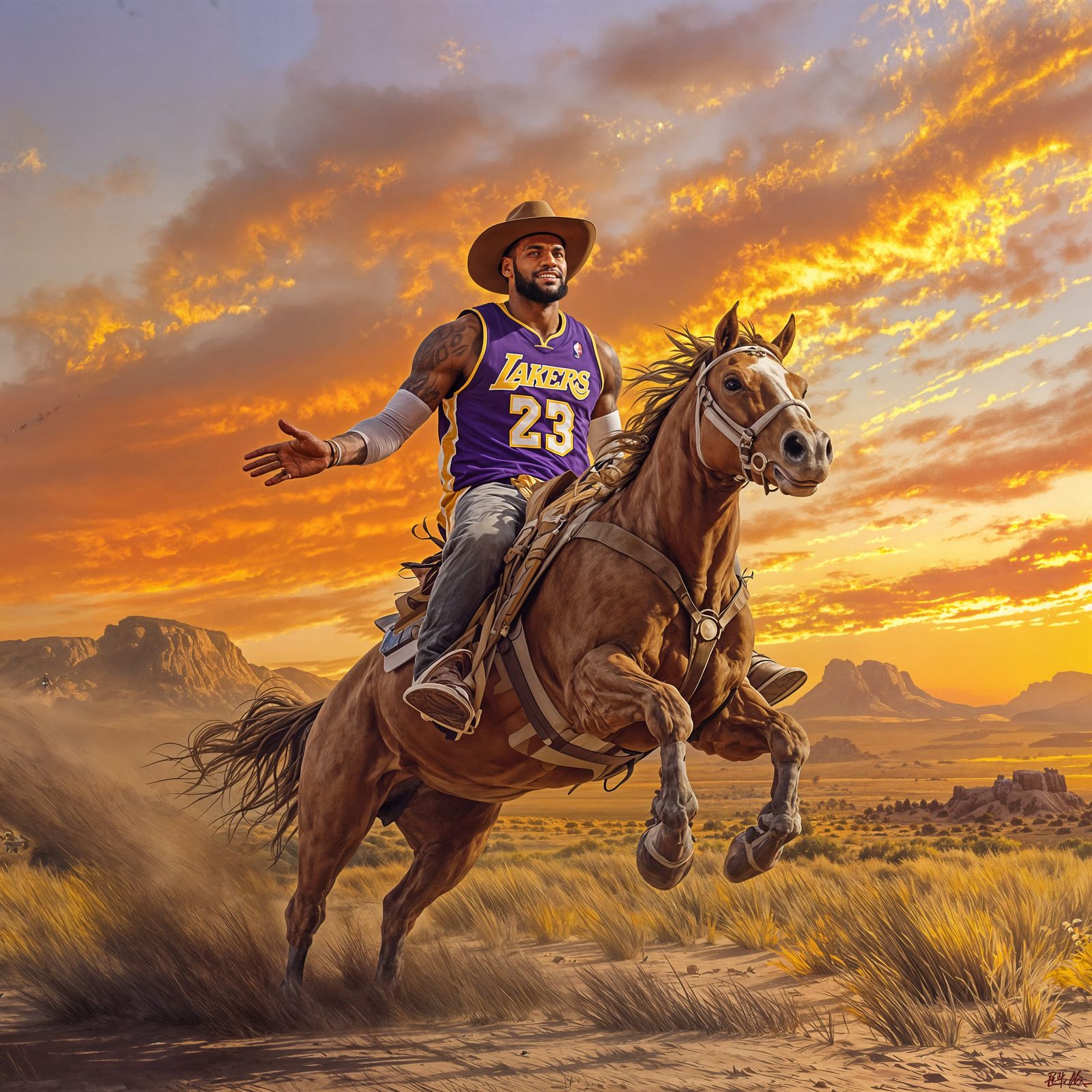 LeBron James in a Cowboy Hat Rides a Bronco at Sunset