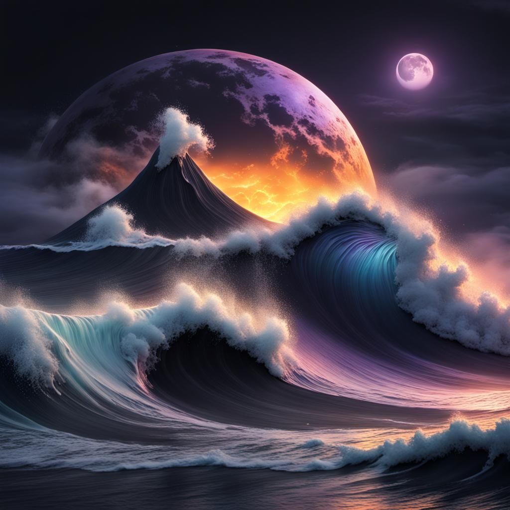 Tsunami Wave Under Black Moon: Fantasy Art