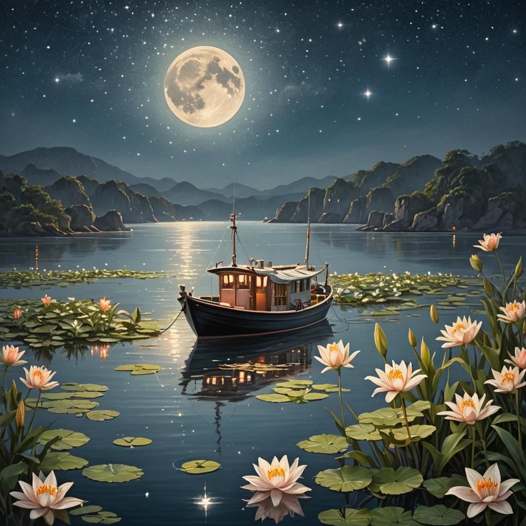 Fishing Boat on Moonlit Waters with Lilies