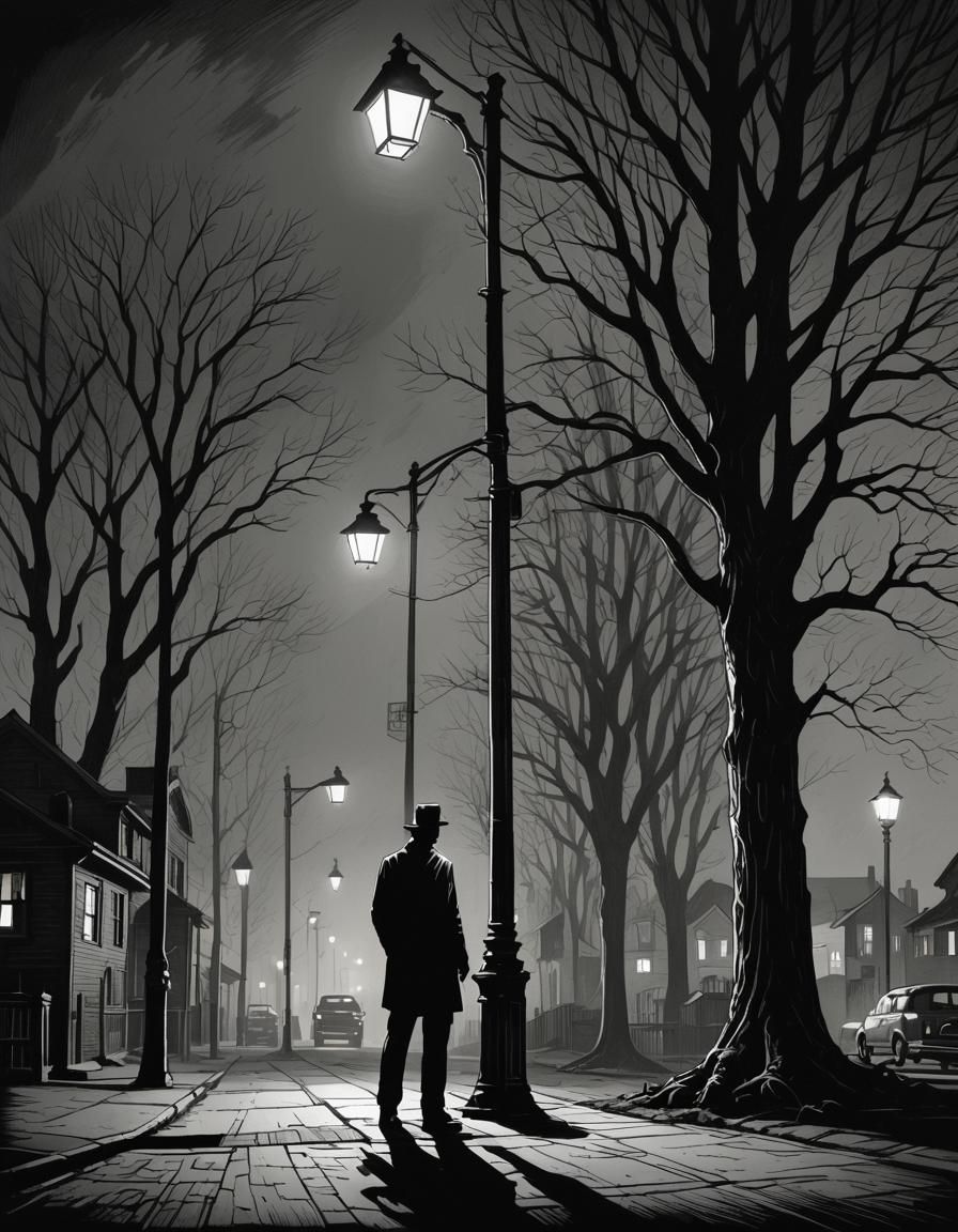 1930s Man Under Streetlight: Minimalist Woodcut