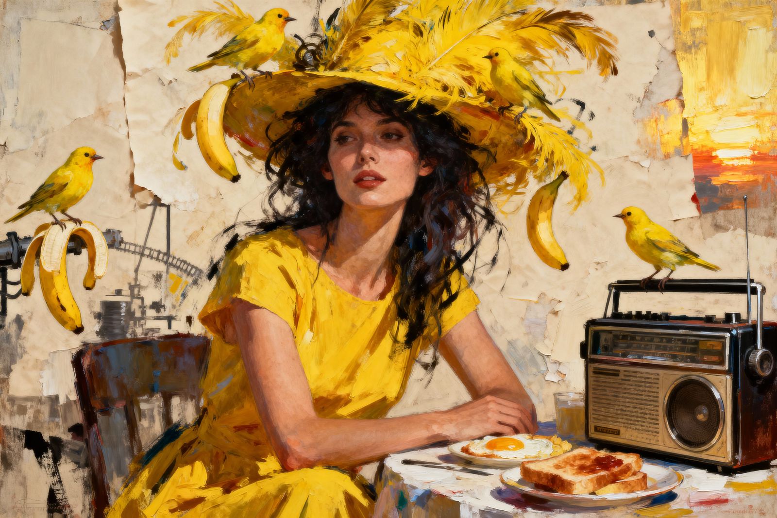 Surreal Woman in Feather Hat at Breakfast Table