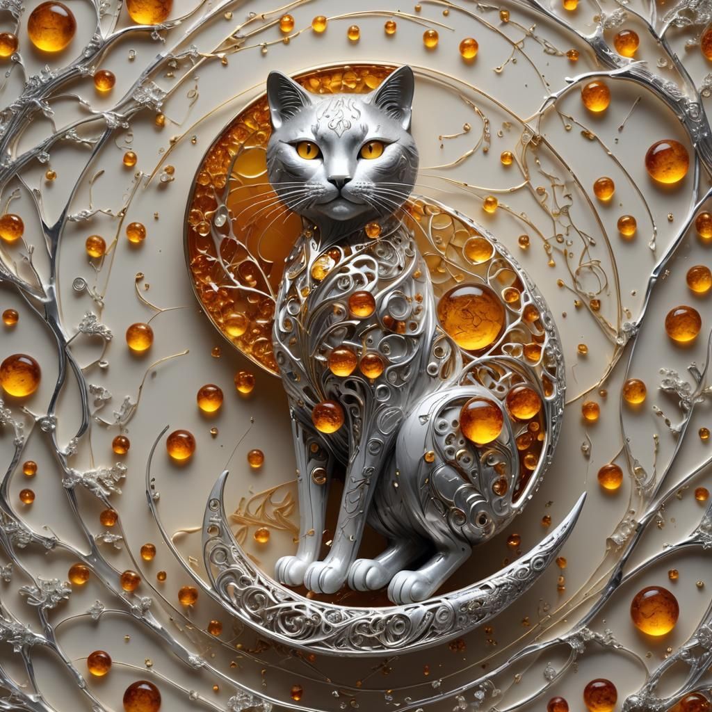 Platinum Feline Eclipses Moon in Glass Kintsugi Style
