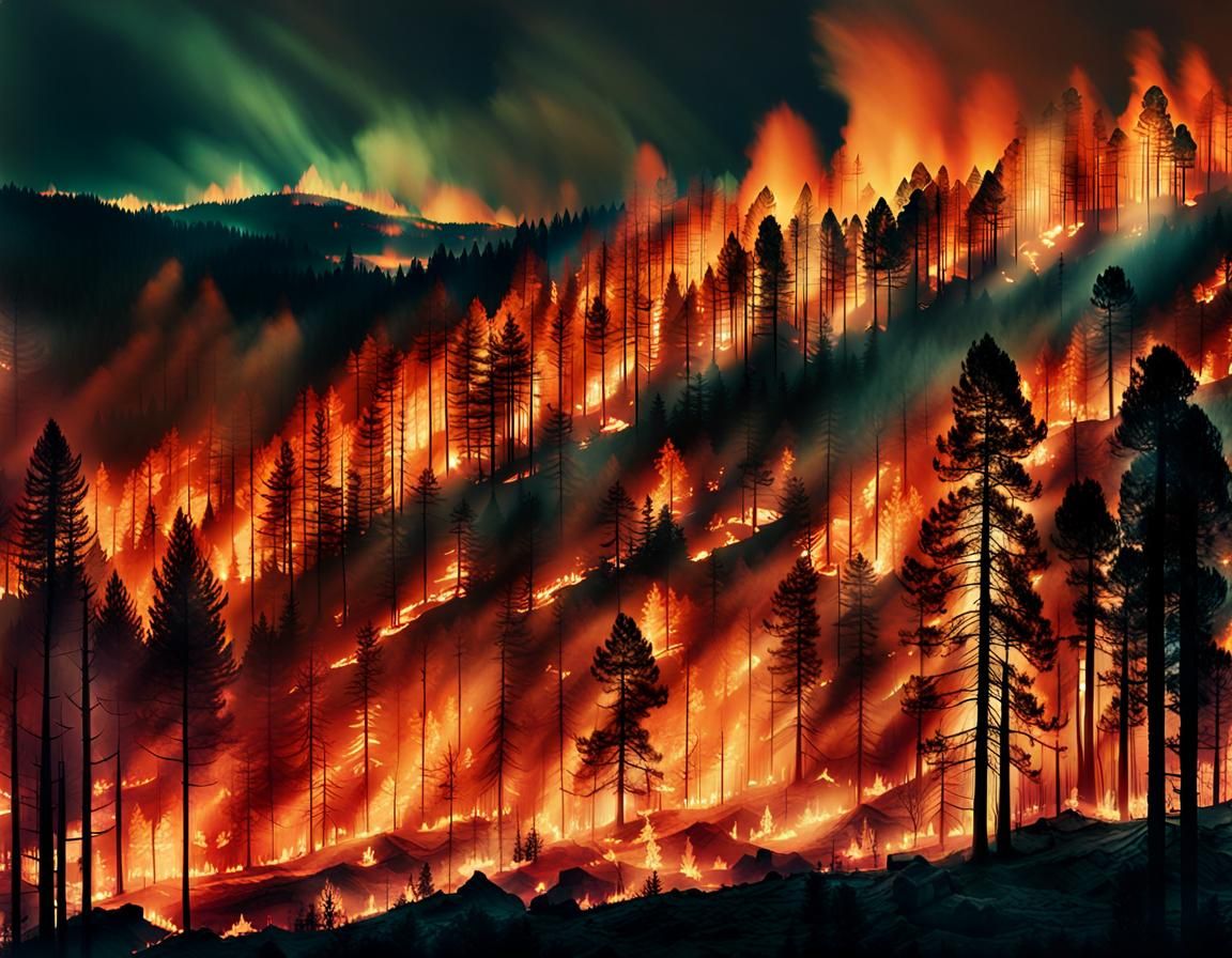 Dramatic Forest Fire Double Exposure Photograph