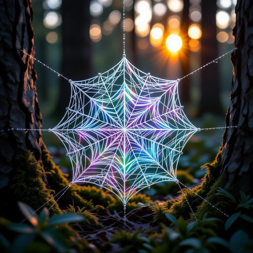 Ethereal Geometric Spiderweb Mandala with Neon Dewdrops