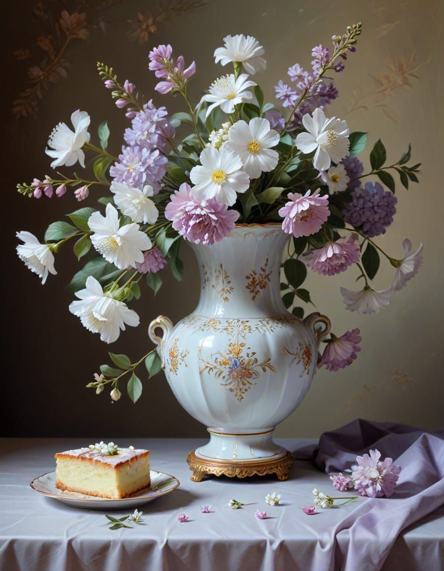 Baroque Still Life: Flowers and Cake Oil Painting
