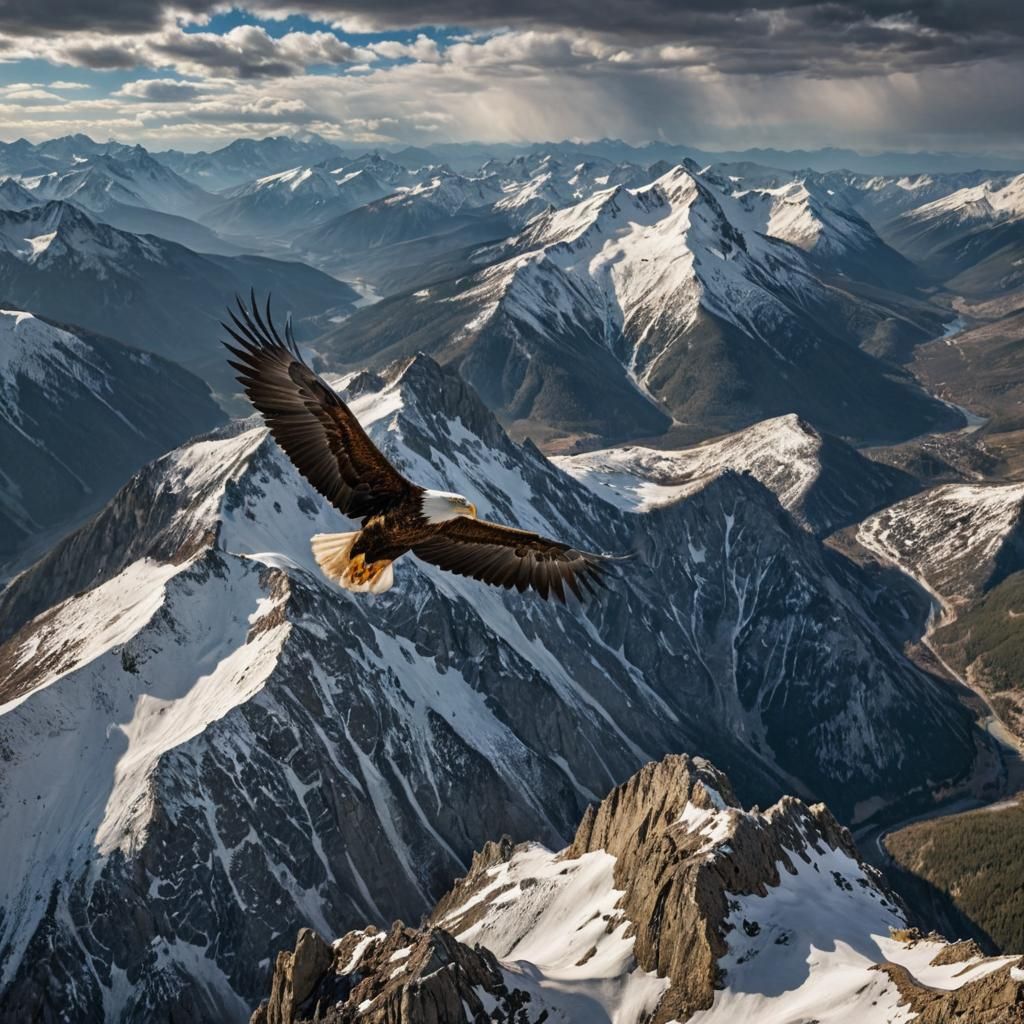 Eagles Soaring Above Mountain Peaks in Hyperrealistic Photo