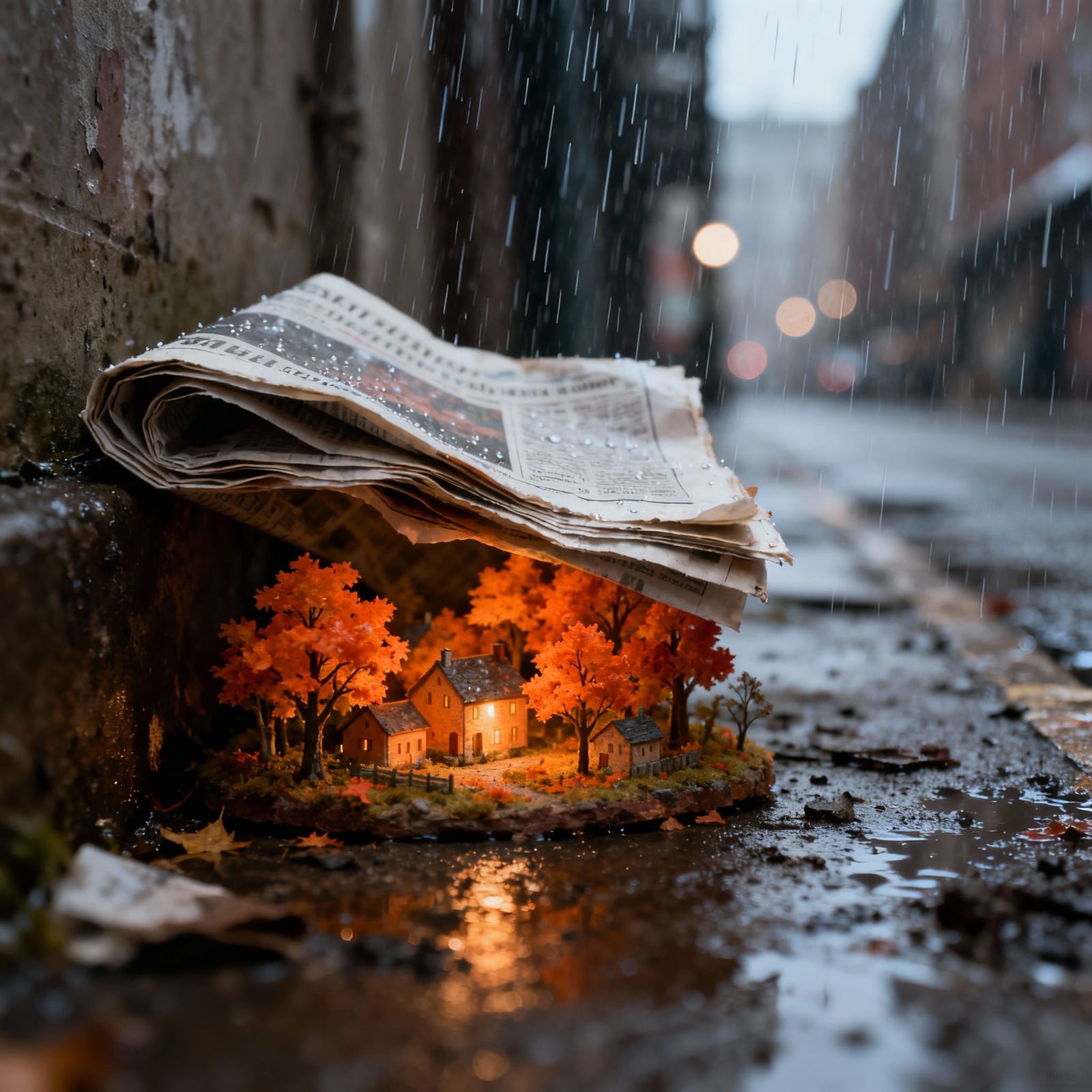 Vibrant Autumn Village Sheltered Under Newspaper in Urban De...