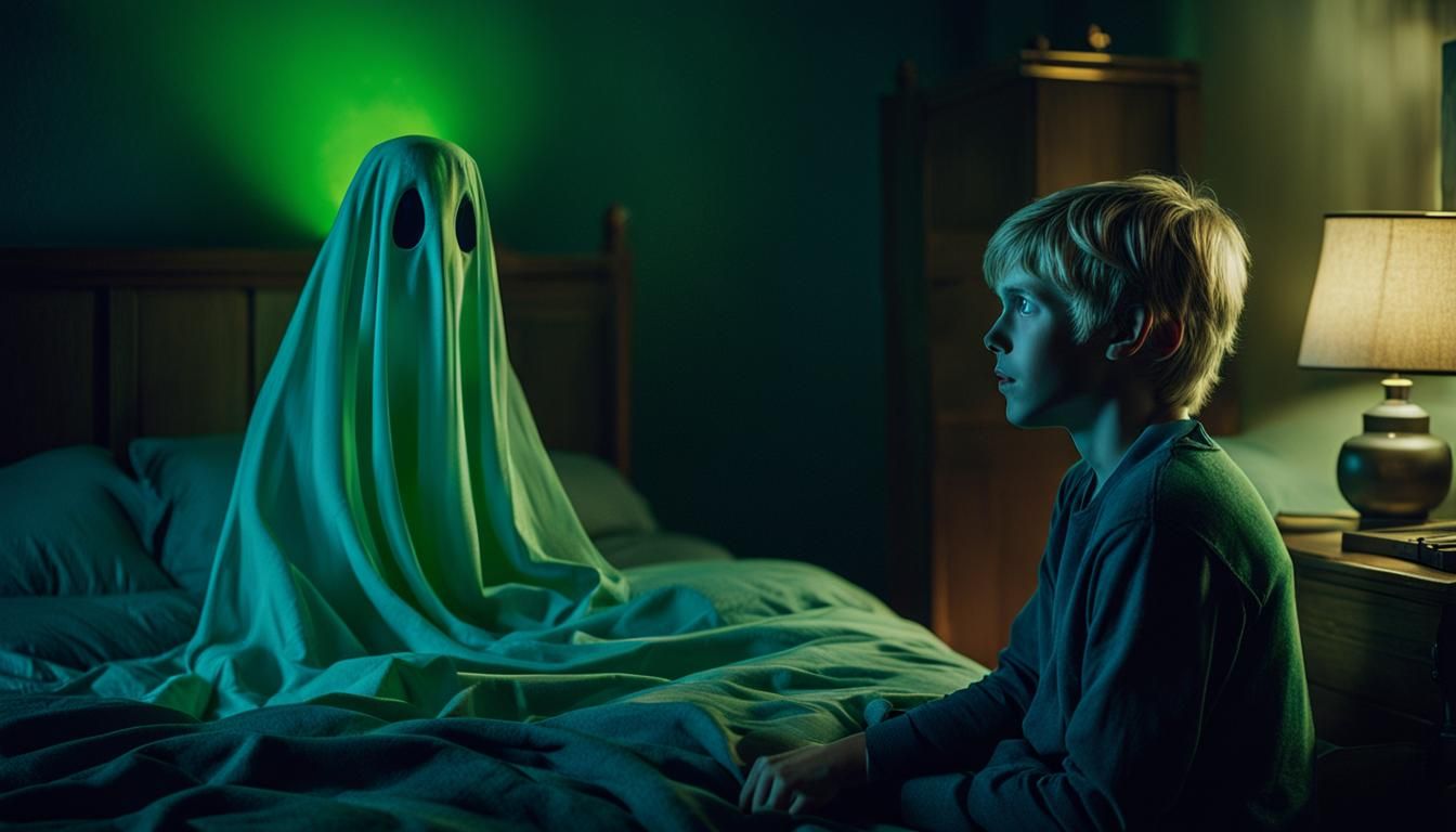 Boy's Heartfelt Talk with a Ghost in Dimly Lit Bedroom