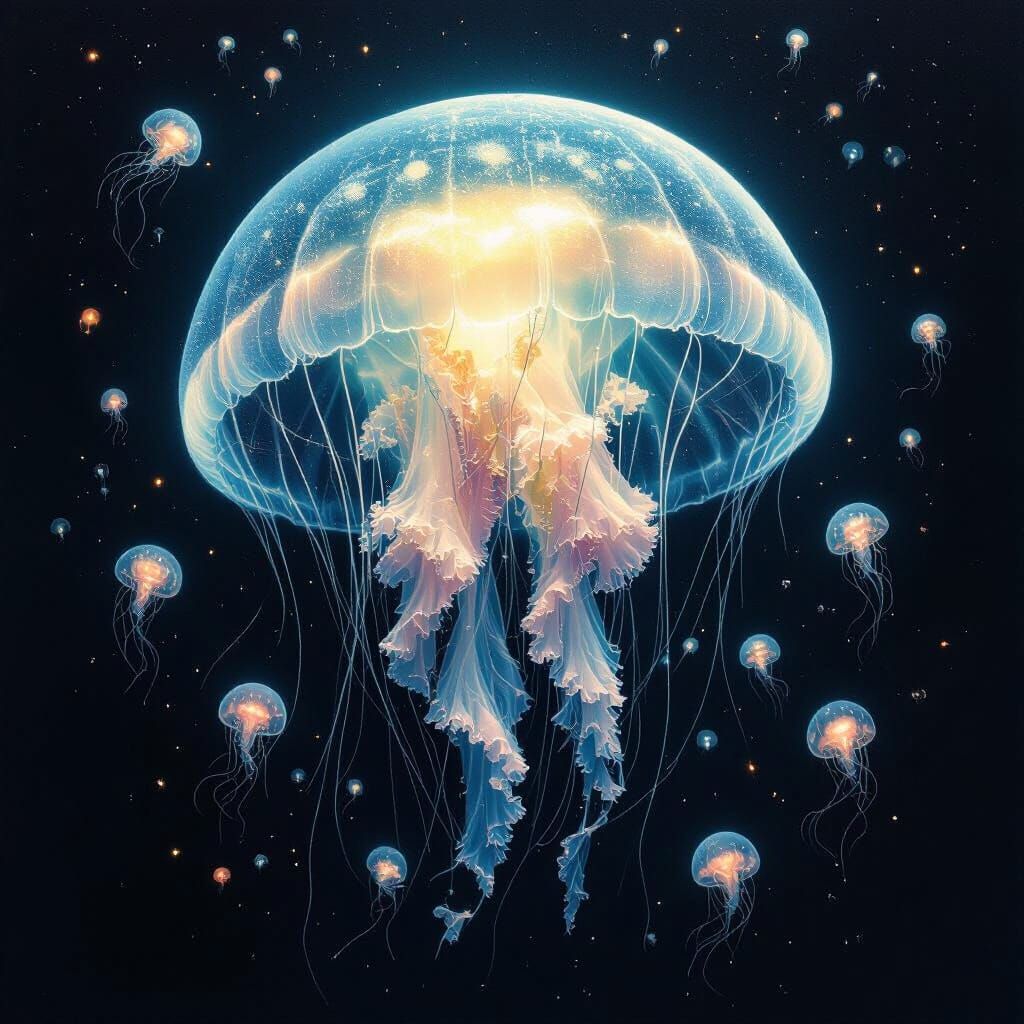 Bioluminescent Jellyfish Drifting in Cosmic Horror Style