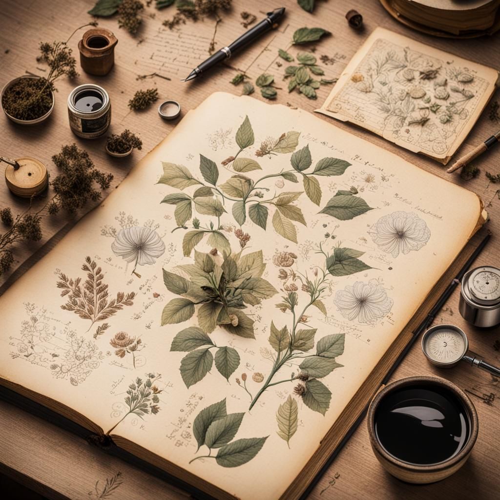 Botanical Ink Drawings in Antique Book
