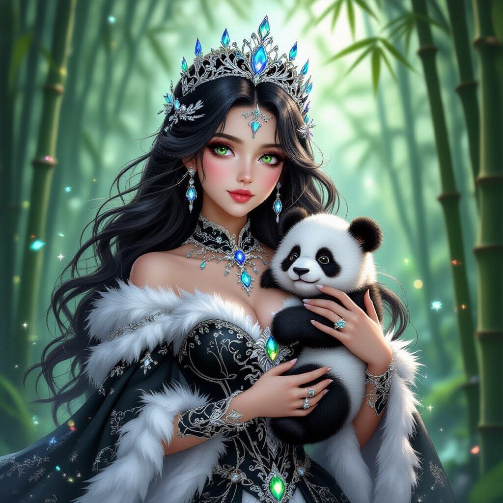 Fantasy Princess with Panda in Bamboo Forest