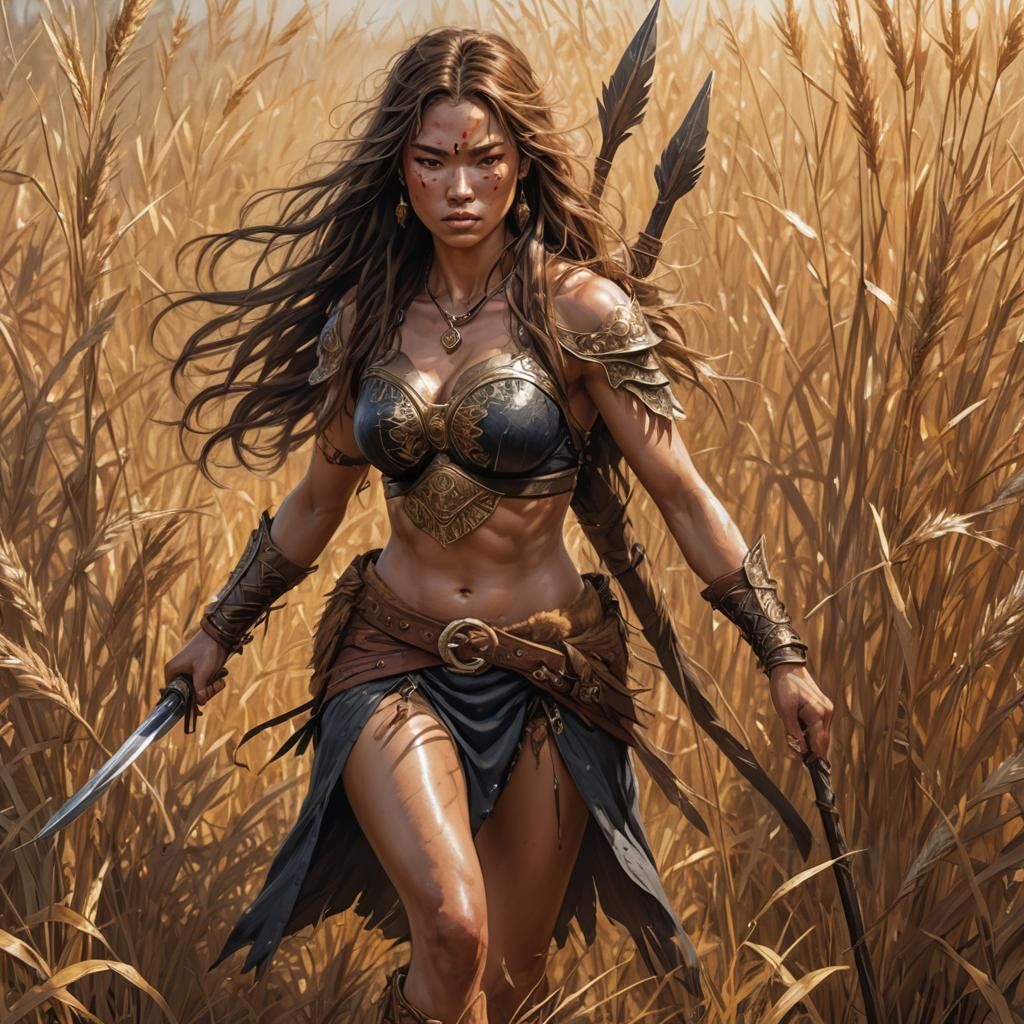 Fierce Barbarian Huntress in Sunlit Steppe, Anime Style