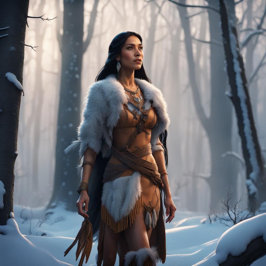 Pocahontas in Winter Forest: Detailed Matte Painting