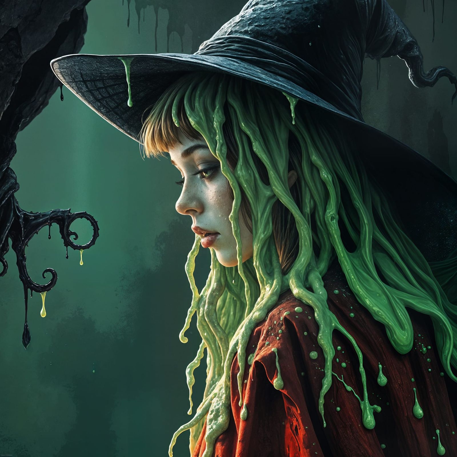 Grotesque Surreal Witch Melts in a Dark Cave