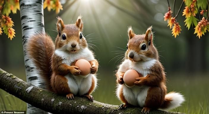 Two Cute Fluffy Squirrels at Sunrise