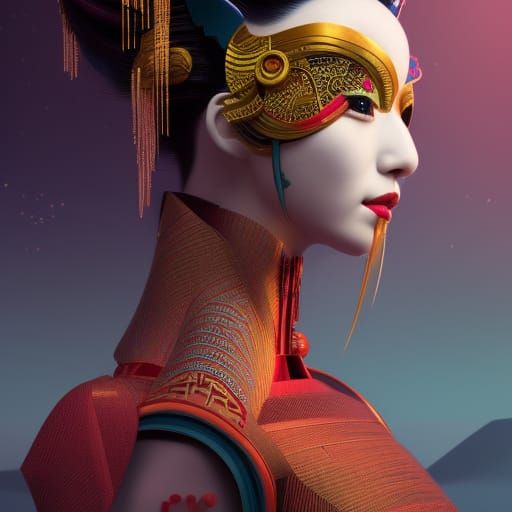 Futuristic Geisha Profile in Detailed Matte Painting