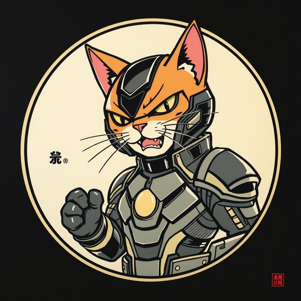 Iron Cat in Ukiyo-e Cartoon Style