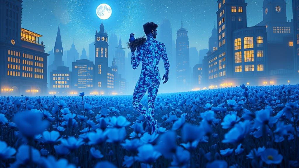 Blue Figure in Poppy Field, Art Nouveau Style