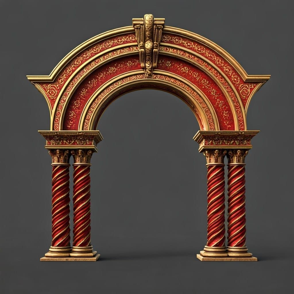 Ornate Archway with Spiral Columns in Red and Gold