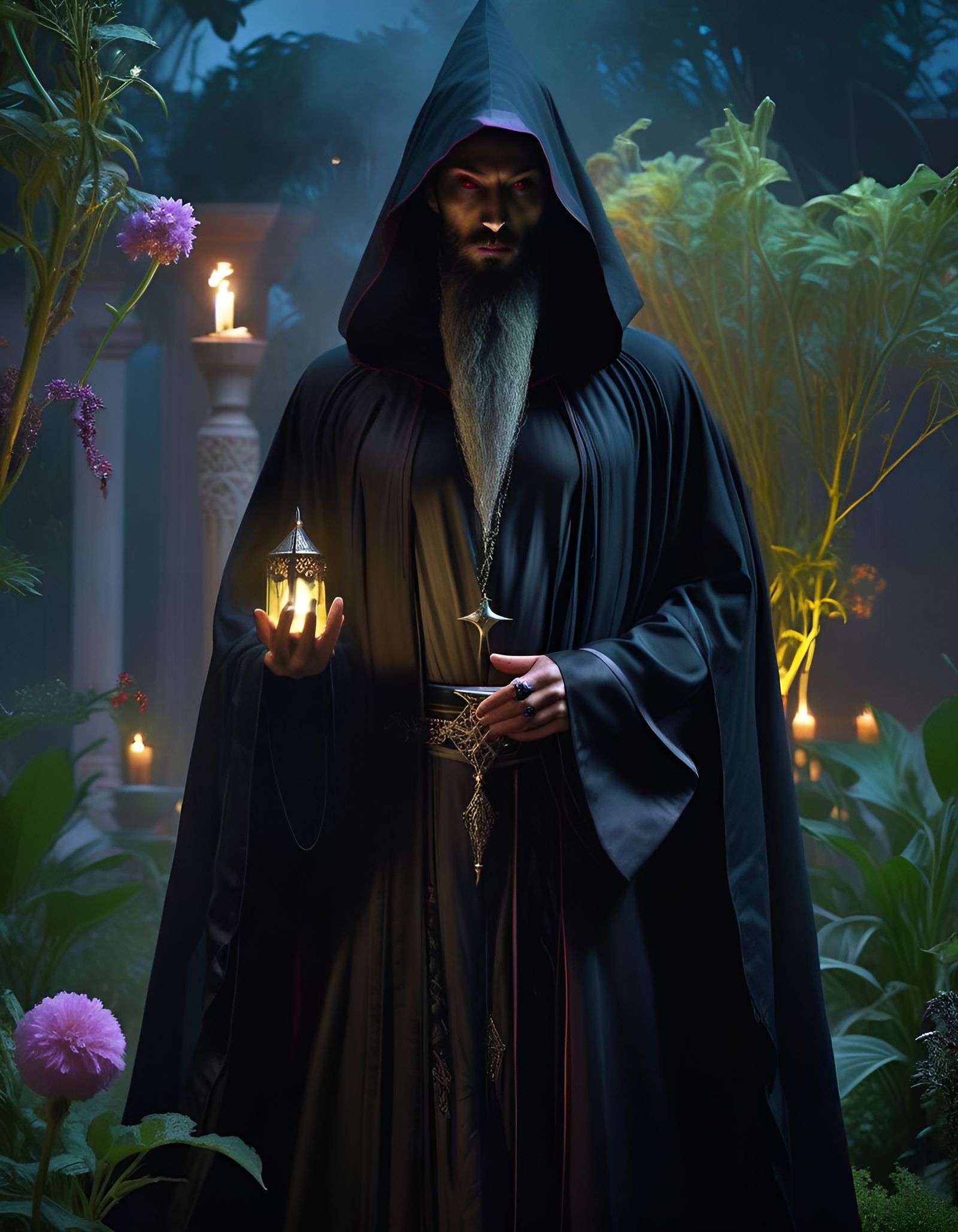 Sinister Wizard in a Mystical Night Garden