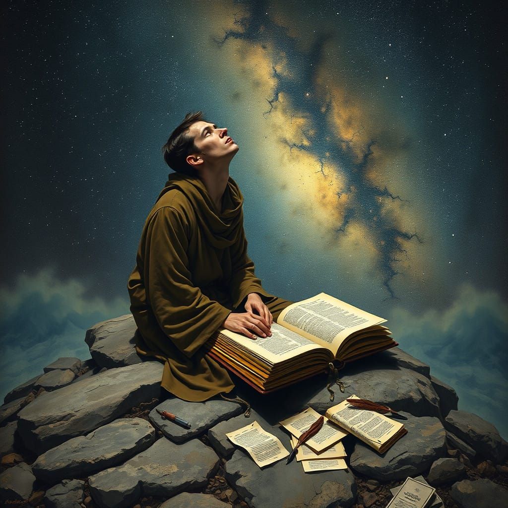 A Contemplative Figure Seeks Answers Under Starry Skies in I...