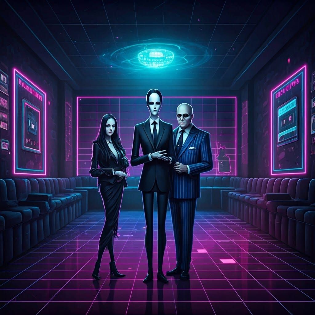 The Addams Family at a Synthwave Neon Disco