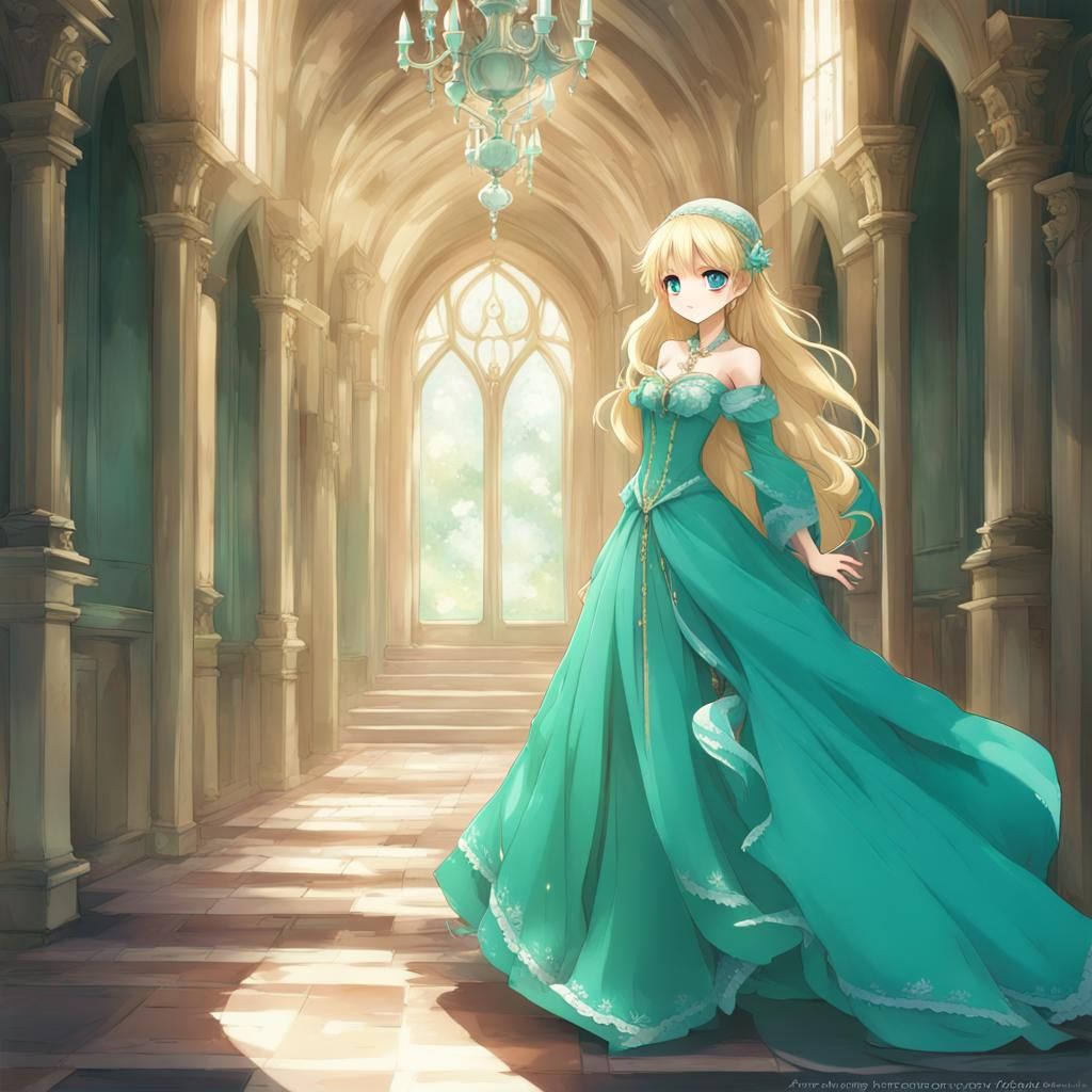 Gorgeous Chibi Princess in Turquoise Gown Anime Art