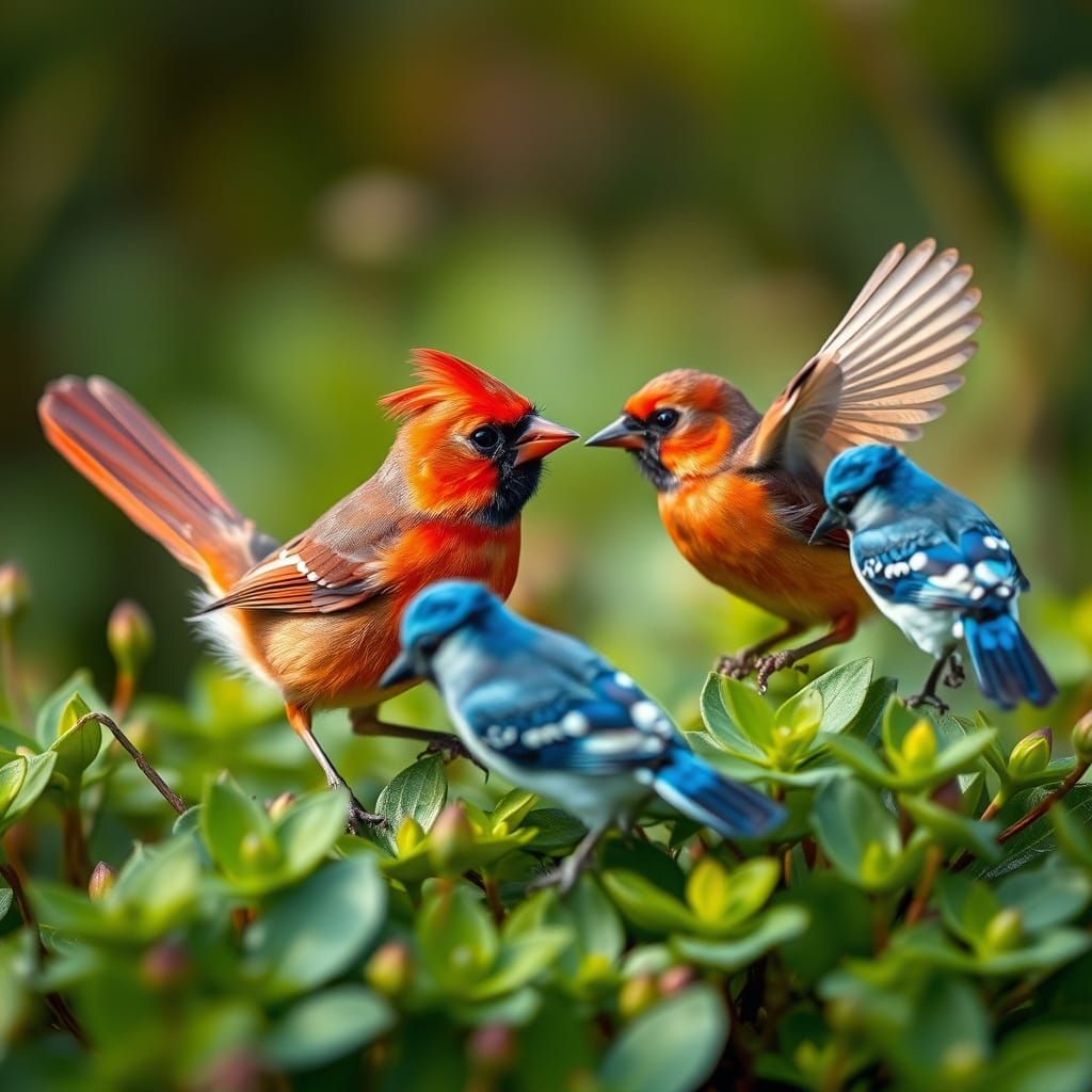 Dancing Tiny Cardinal and Blue Jay Birds