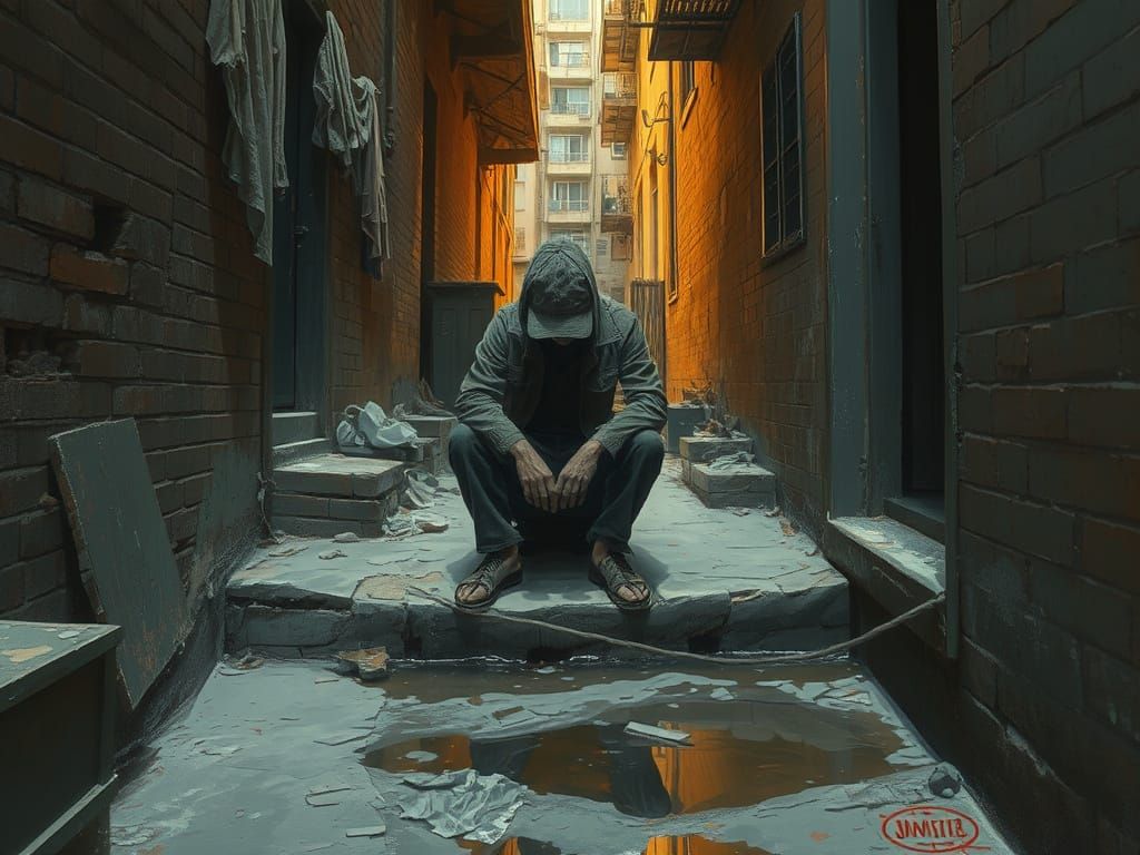 Solitary Figure in Urban Alleyway: Painterly Realism
