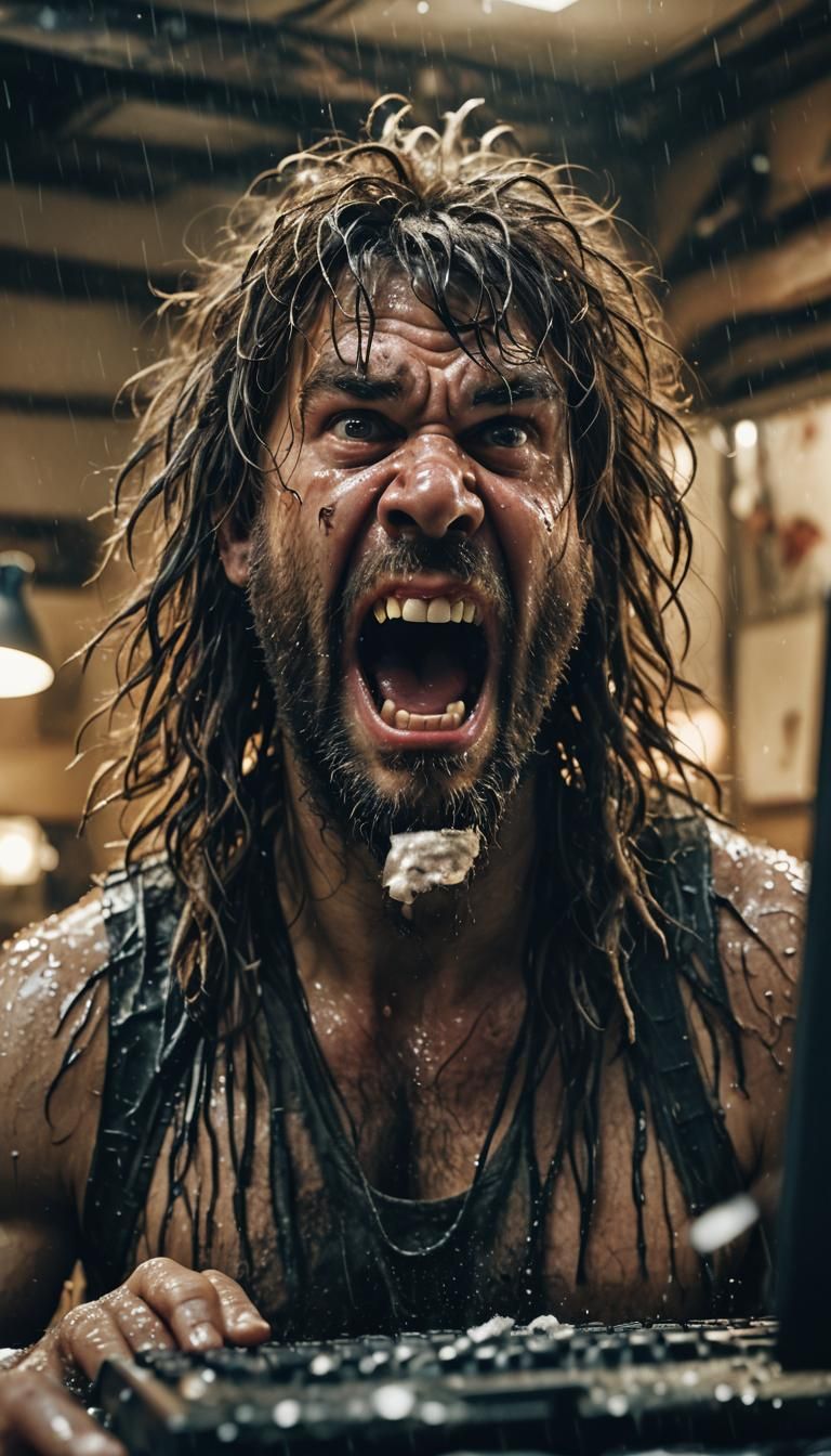 Enraged Caveman Yelling at Computer in Cinematic Still