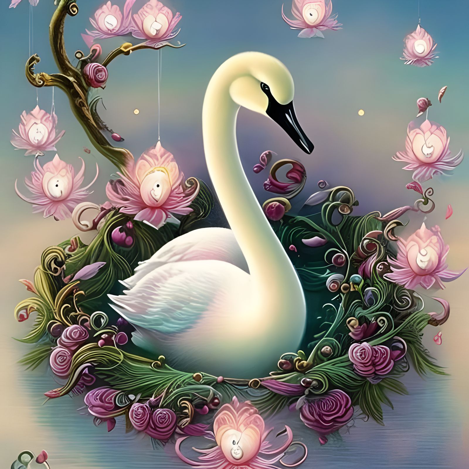 Luminous Swan in Pastel Sparkles: Digital Illustration