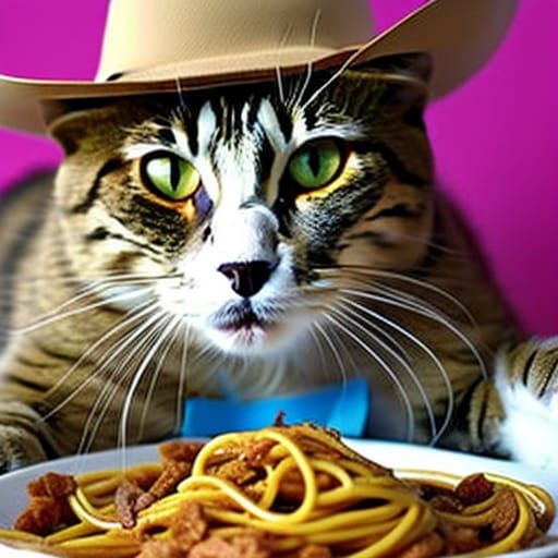 Cat in Cowboy Hat Eating Spaghetti