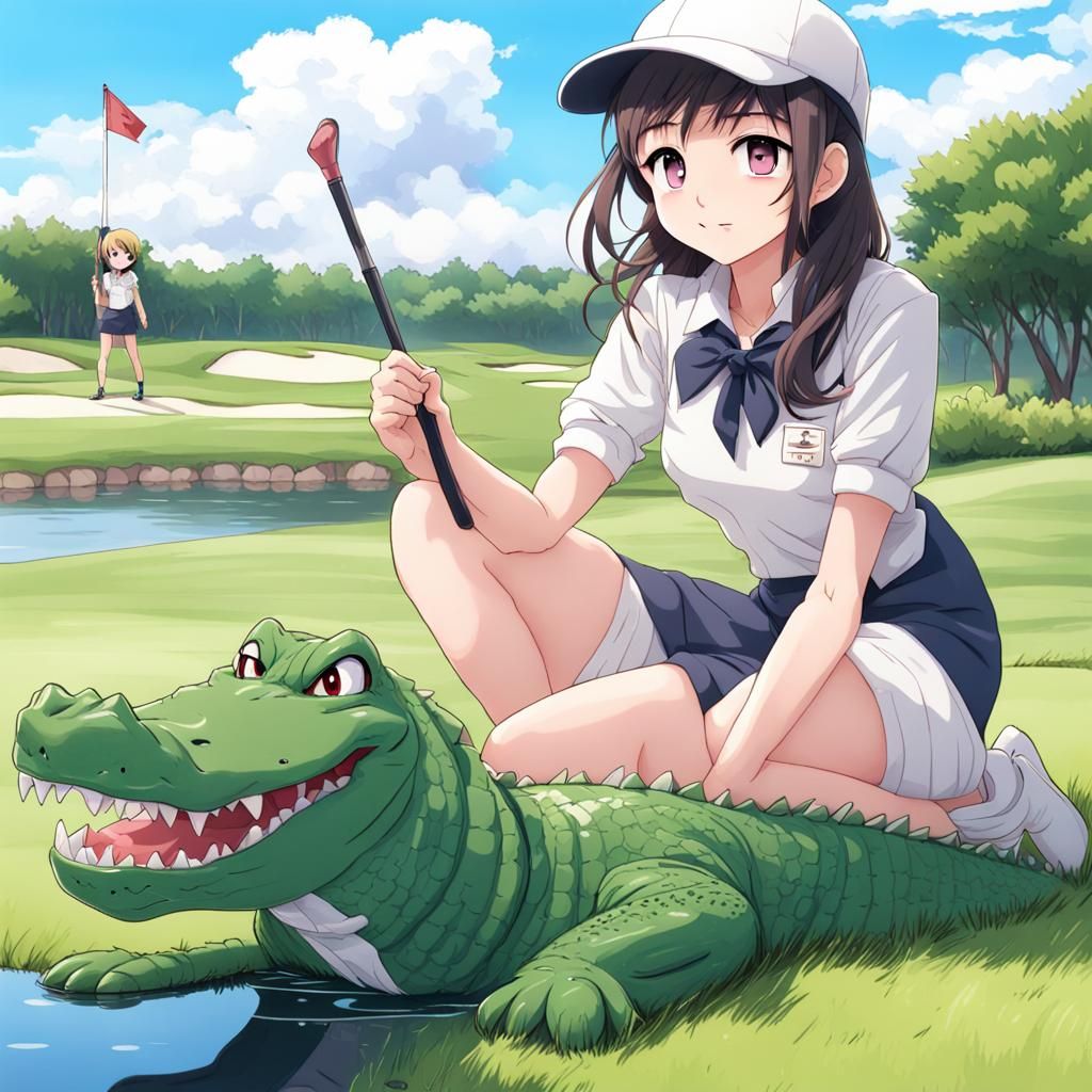 Girls and Alligator at Golf Course: Anime Style