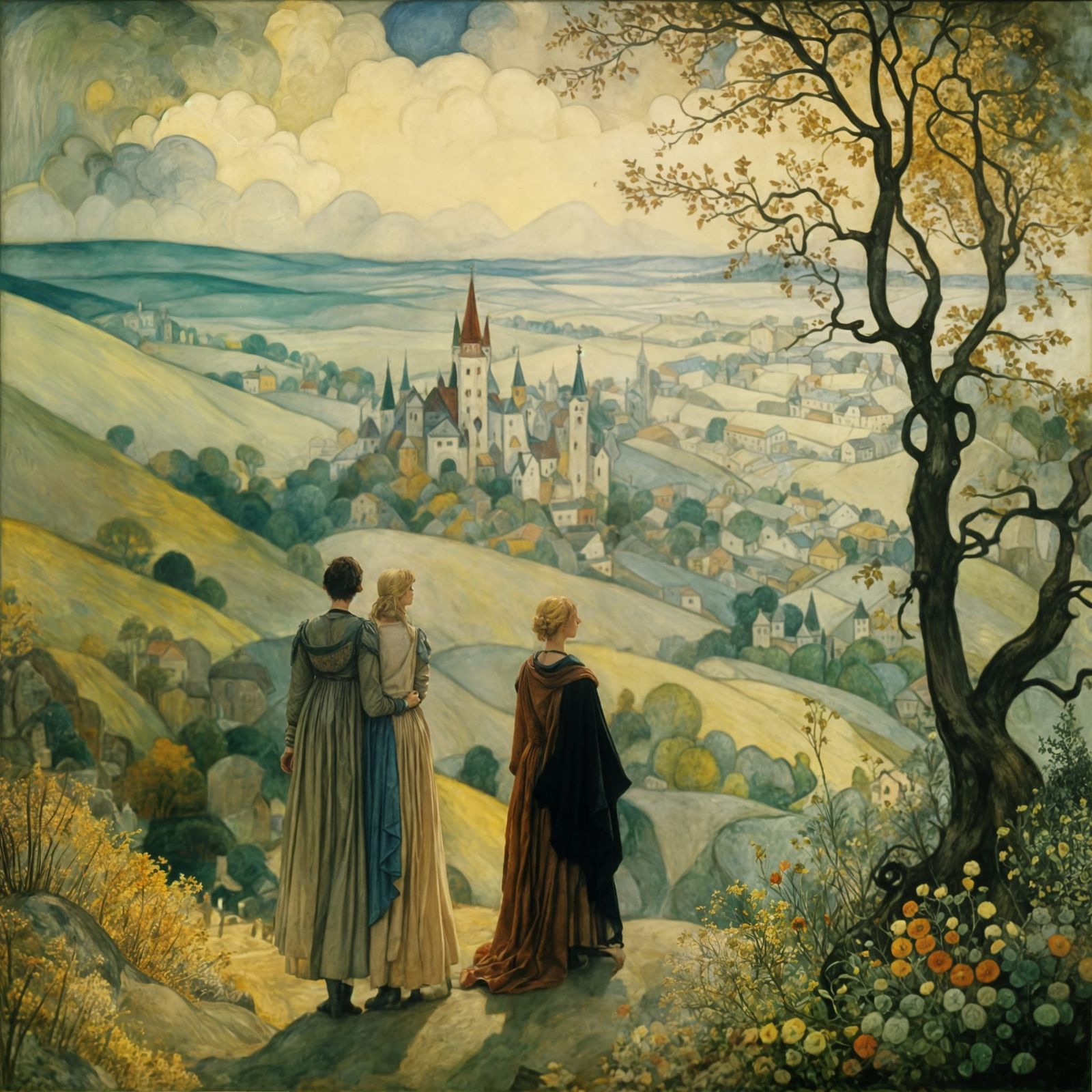 Medieval Valley View in Chagall and Waterhouse Style