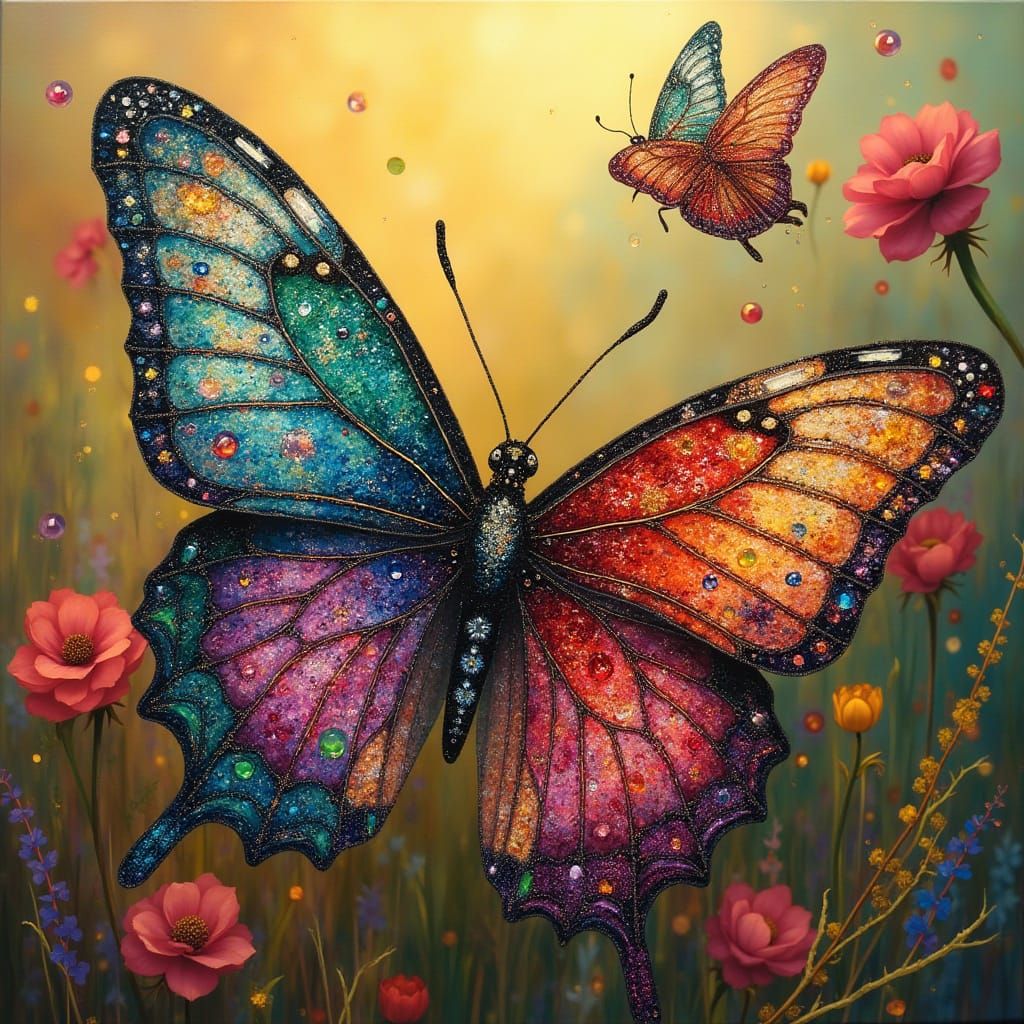 Whimsical Floral Masterpiece with Jewel-Toned Butterflies