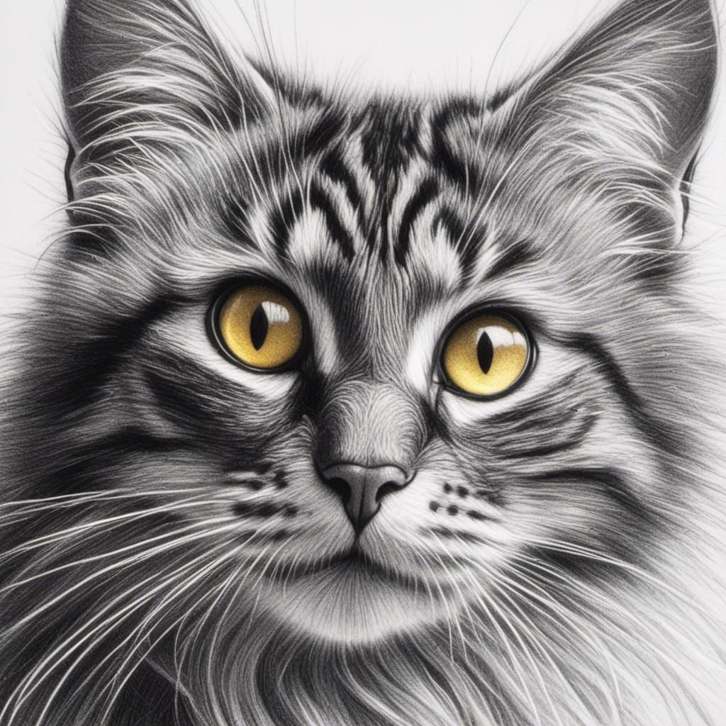 Monochrome Cat Portrait with Yellow Eyes, Pencil Art