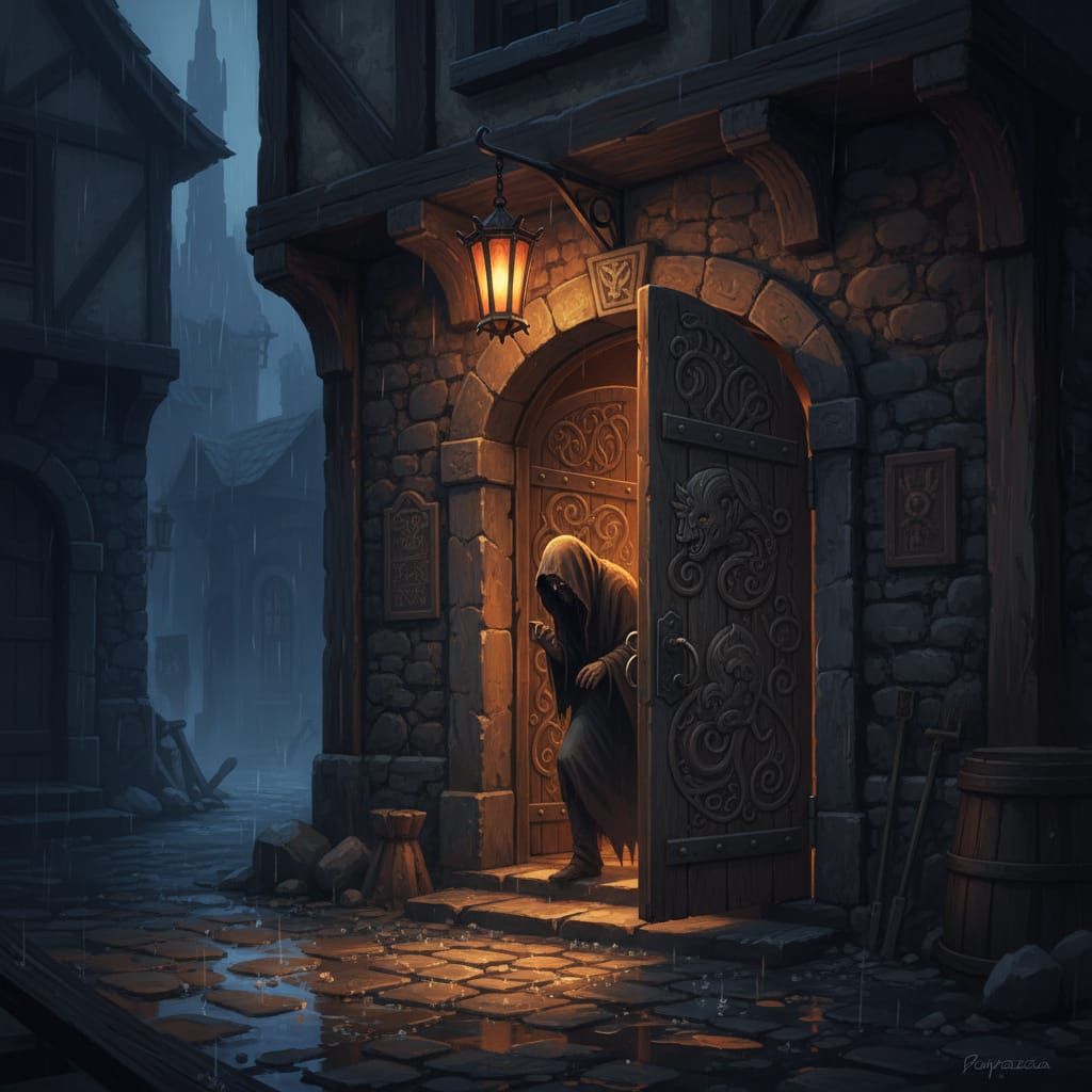 Cloaked Figure at Dimly Lit Tavern Entrance