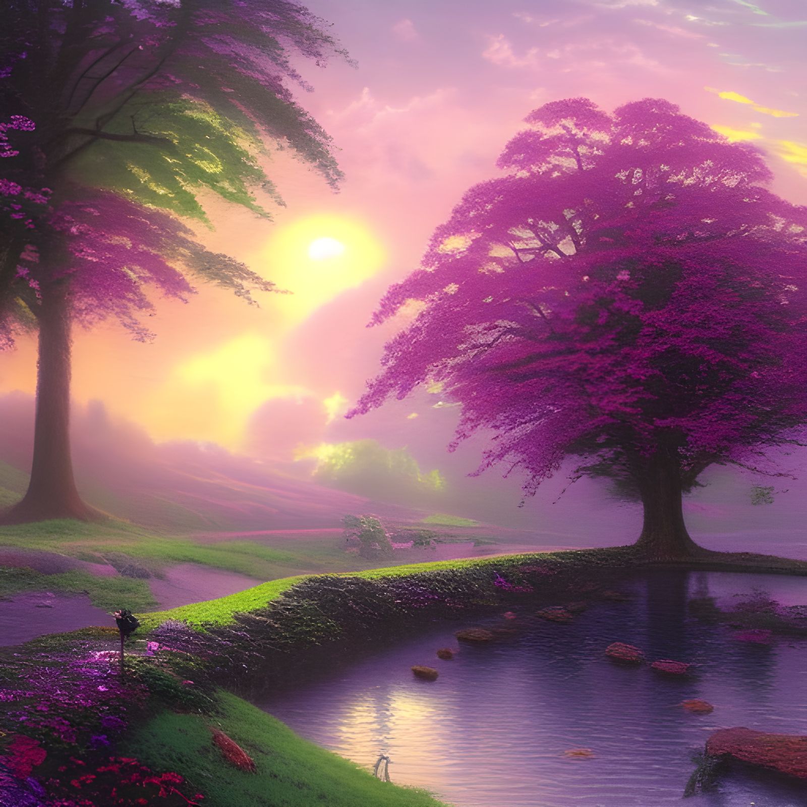 Ethereal Tree with Sword Fruit in Fantasy Landscape