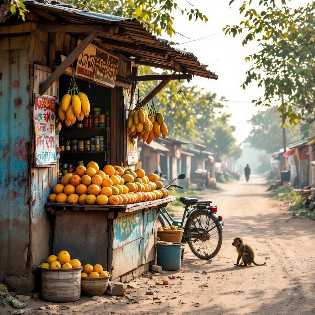 Indian Village Shop: Papayas in Rustic Photorealism