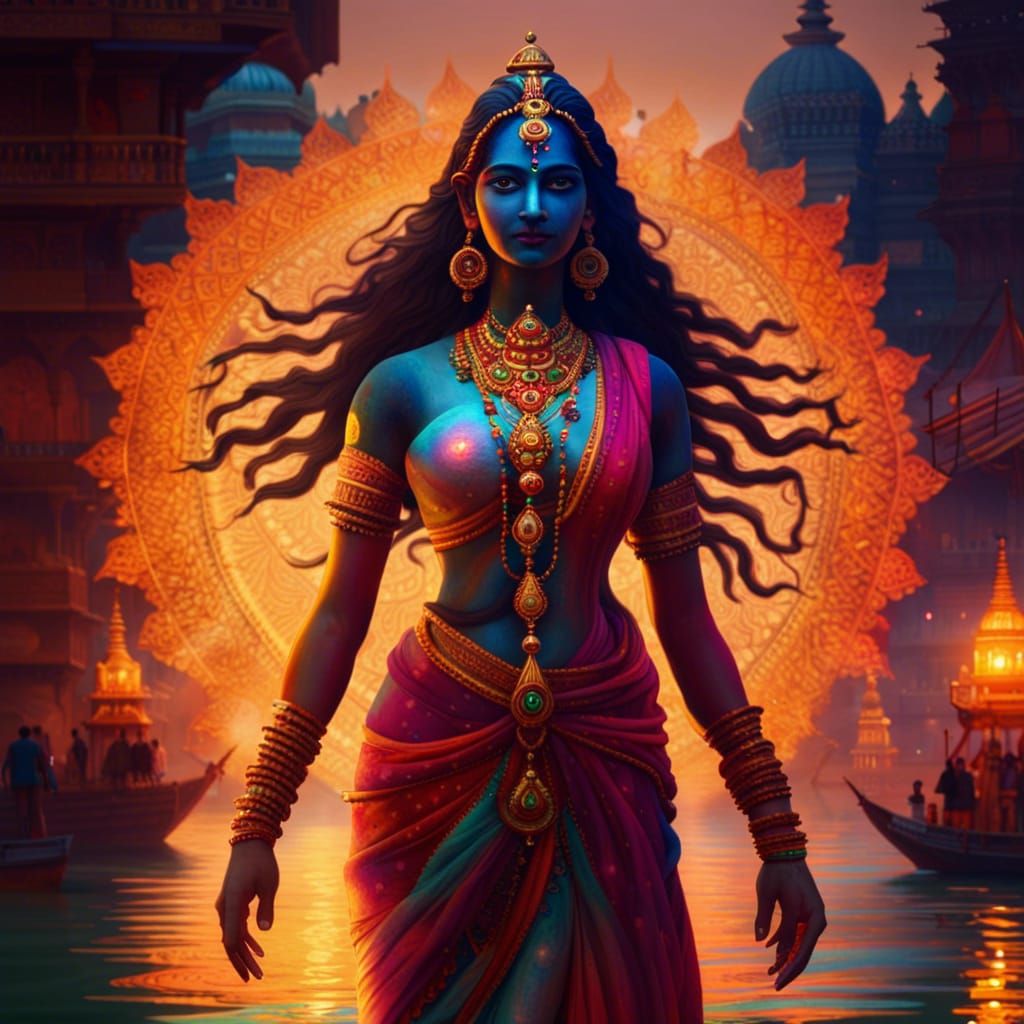 Luminous Goddess Walking in Varanasi Burning Ghats